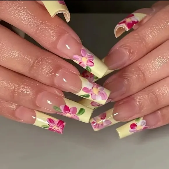 Yellow French Tip & Pink Floral Press On Nail Art Reusable Long Length NWT - Picture 2 of 8